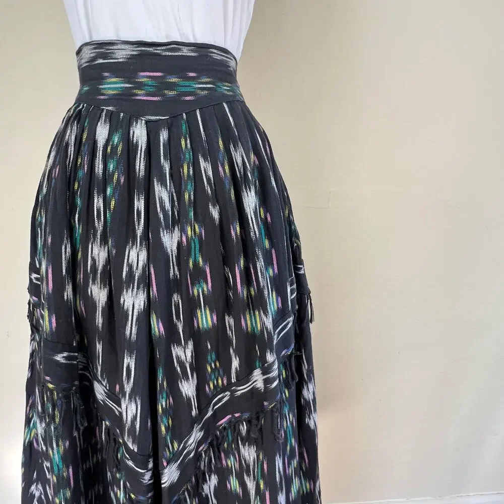 Vintage Ikat El Huarache skirt Sz M fringe Tiered Boho Gypsy Full ethnic 70s